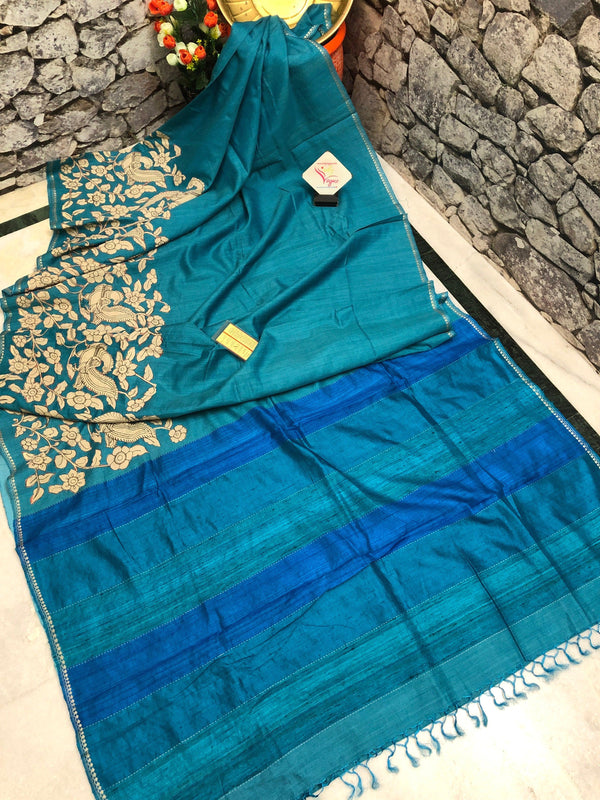 Blue Color Pure Tussar Silk Saree with Kalamkari Applique Work