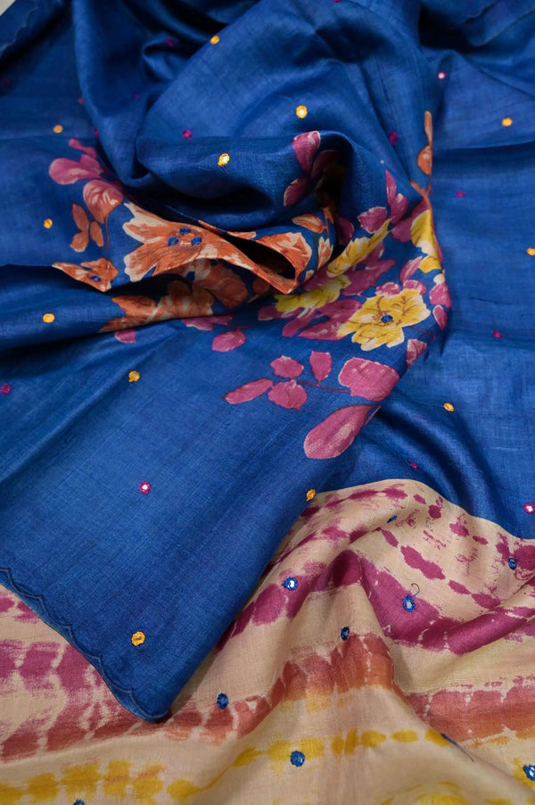 Blue Color Pure Tussar Silk with Digital Print and Mirror Work and Shibori Dye