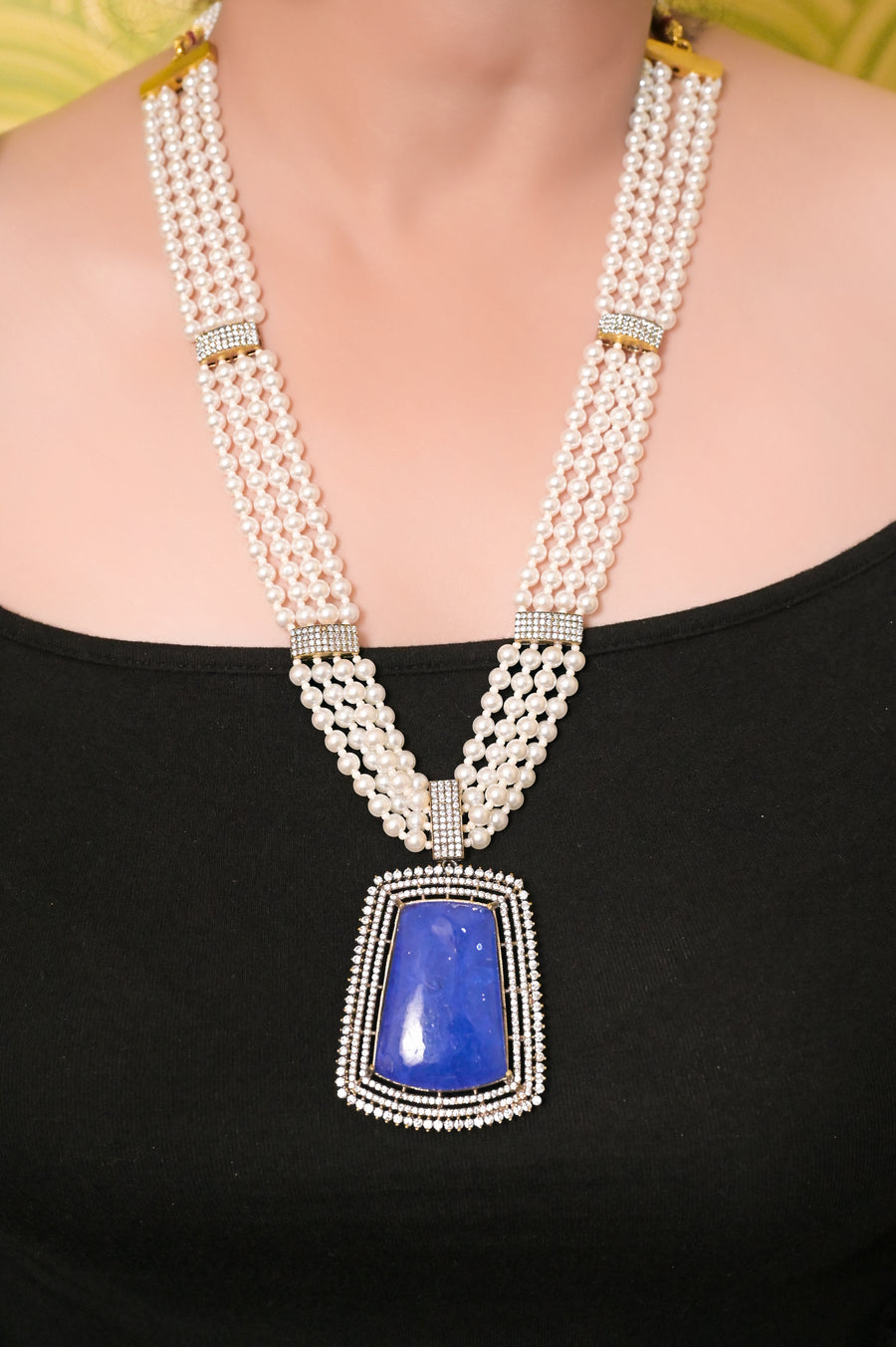 Blue Monalisa Stone and AD Stonework Pendant with Pearl String Sitahar Style Necklace Set