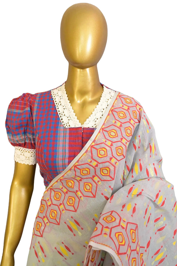 Bluish Grey Color Jamdani Saree with Pre Stitched Designer Blouse