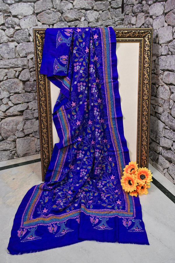 Bluish Purple Color Cottswool Shawl with Allover Hand Kantha Embroidery