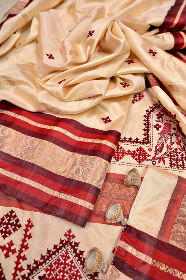 Blush Cream and Red Color Pure Garad Saree with Satin Border and Golden Zari Buti with Hand Gujrati Embroidery