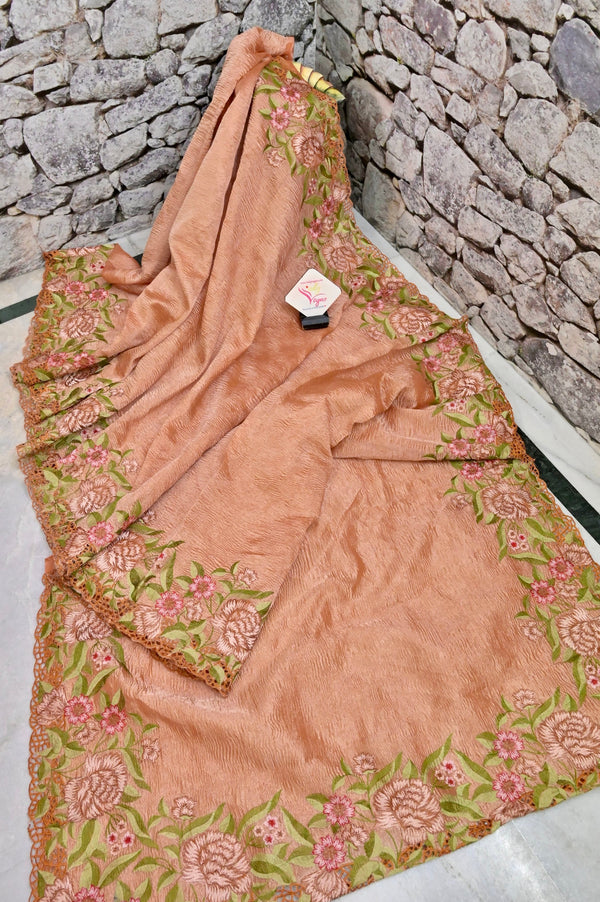 Blush Orange Color Crushed Tissue Silk Saree with Embroidery and Cutwork