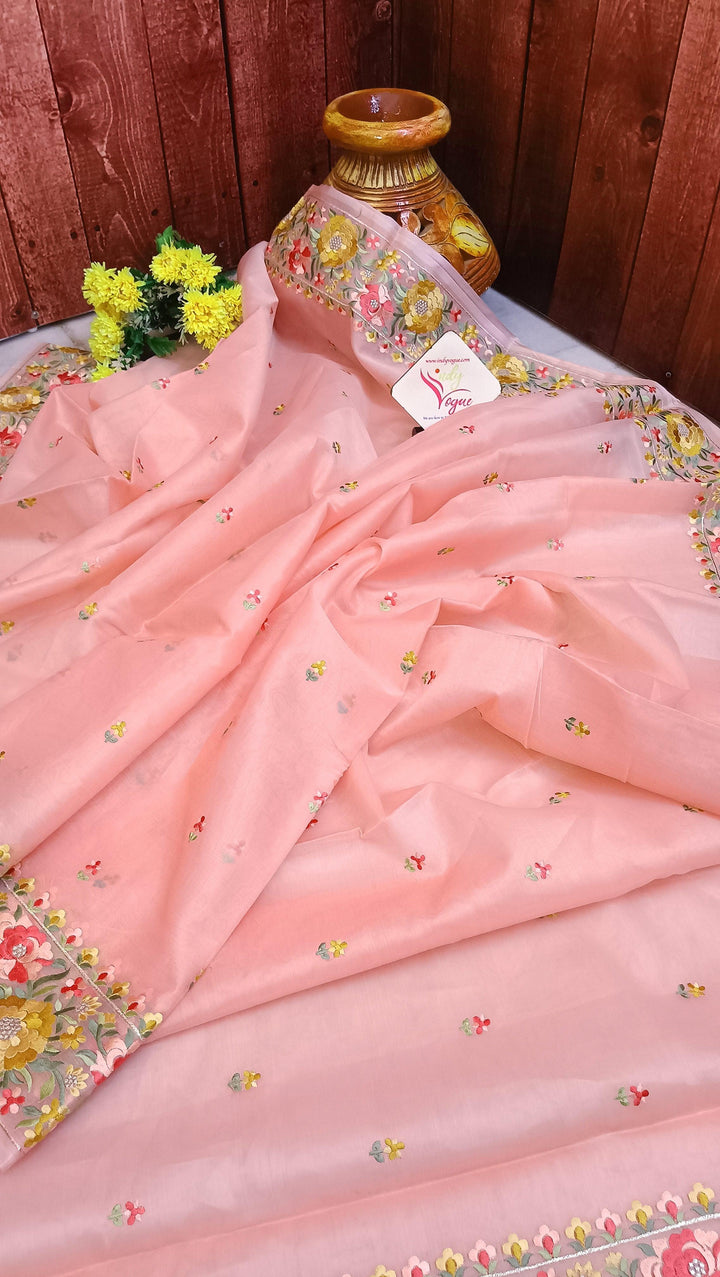 Blush Peach Color Organza Saree with Floral Machine Embroidery