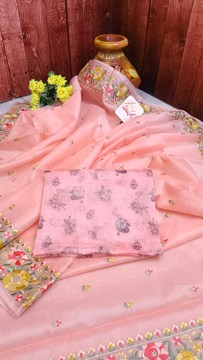 Buy Blush Peach Color Organza Saree with Floral Machine Embroidery