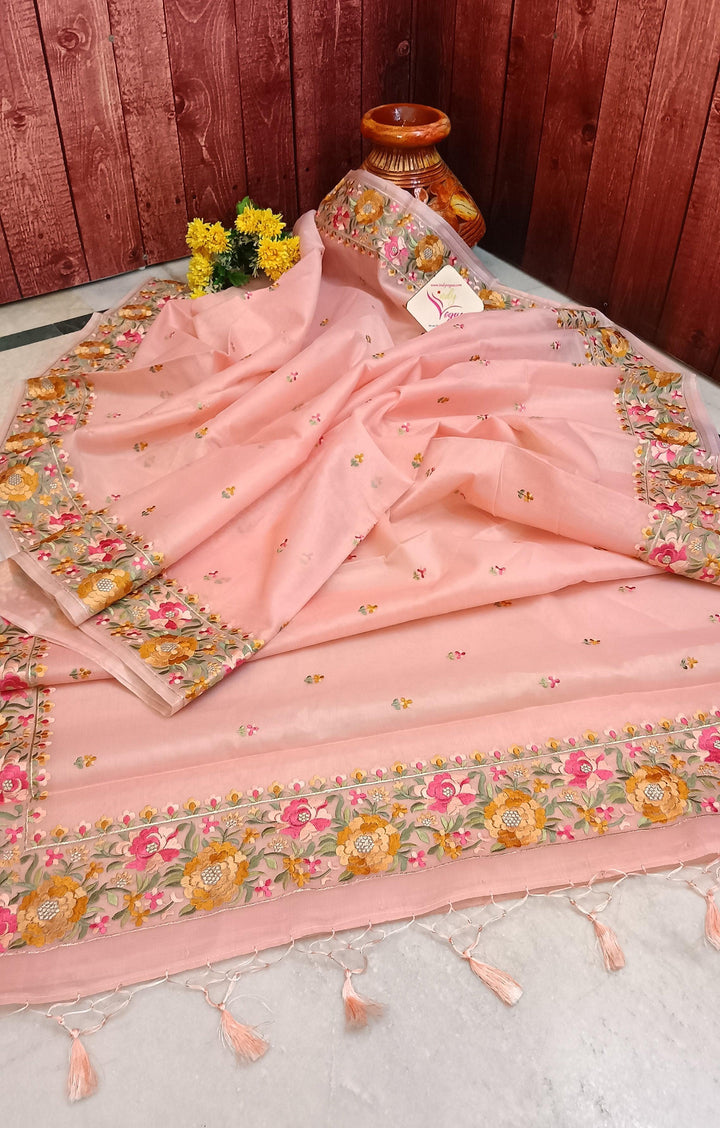 Blush Peach Color Organza Saree with Floral Machine Embroidery