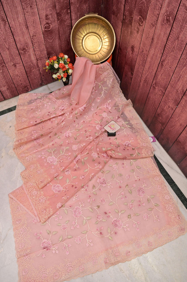 Blush Peach Color Organza Saree with Machine Embroidery