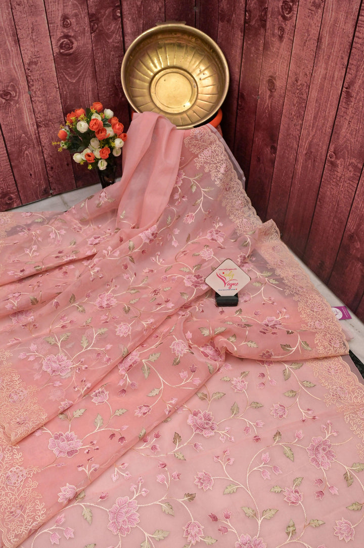 Blush Peach Color Organza Saree with Machine Embroidery
