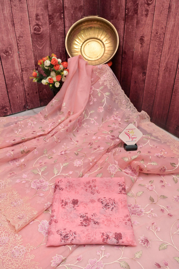 Blush Peach Color Organza Saree with Machine Embroidery