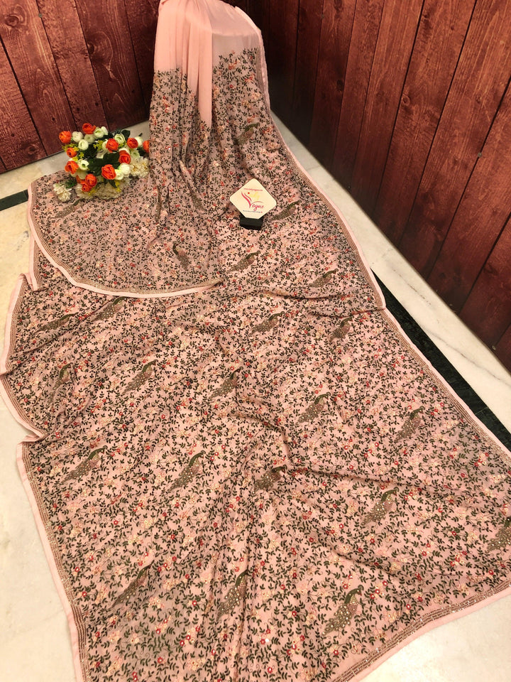 Blush Pink Color Designer Georgette Saree with Stone Work and Embroidery