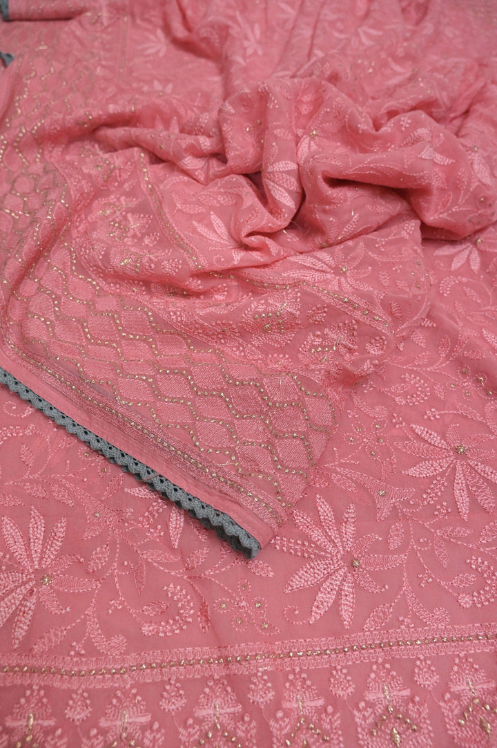 Blush Pink Color Georgette Saree with Allover Chikankari and Lace Work