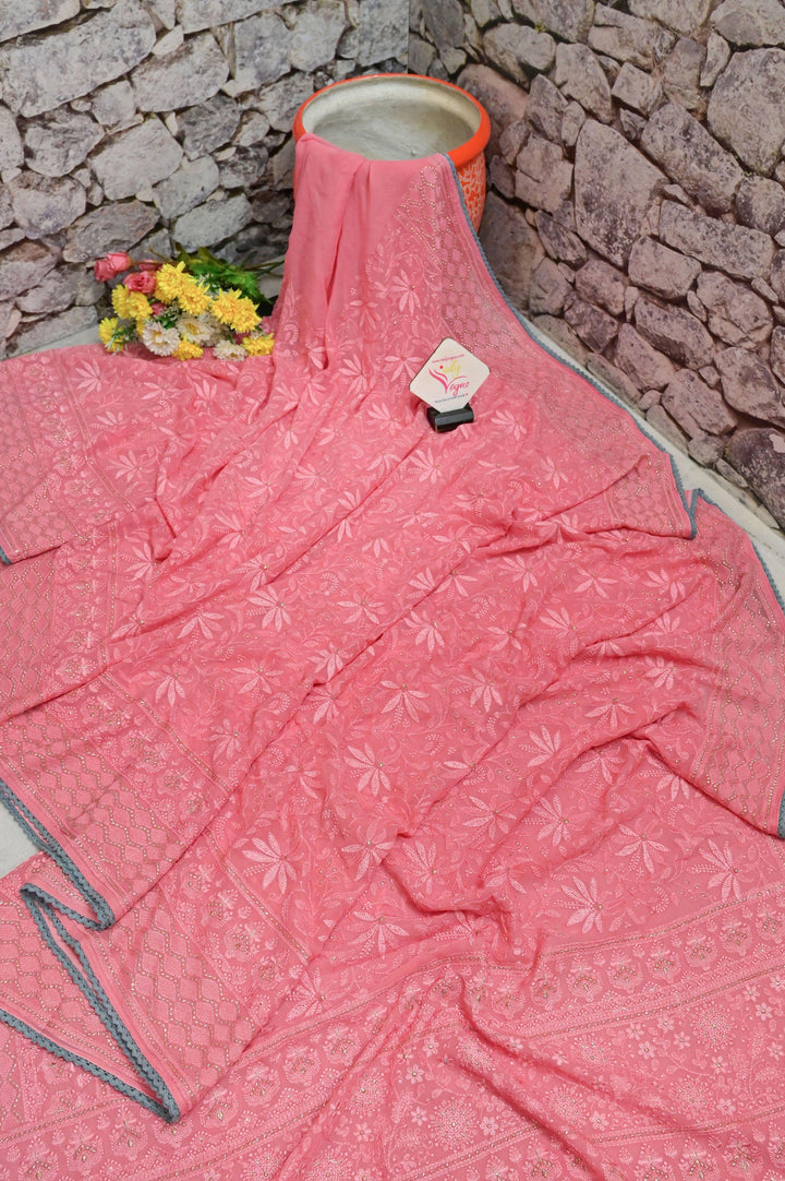 Blush Pink Color Georgette Saree with Allover Chikankari and Lace Work