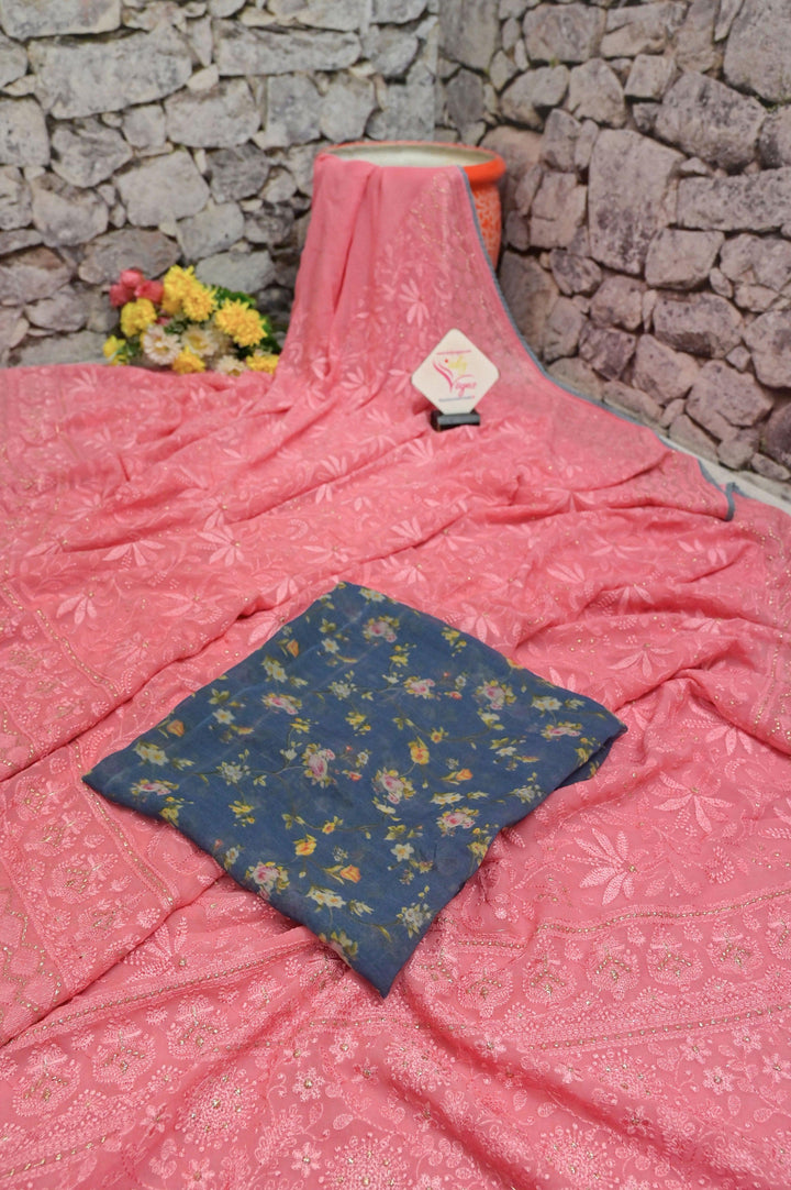 Blush Pink Color Georgette Saree with Allover Chikankari and Lace Work