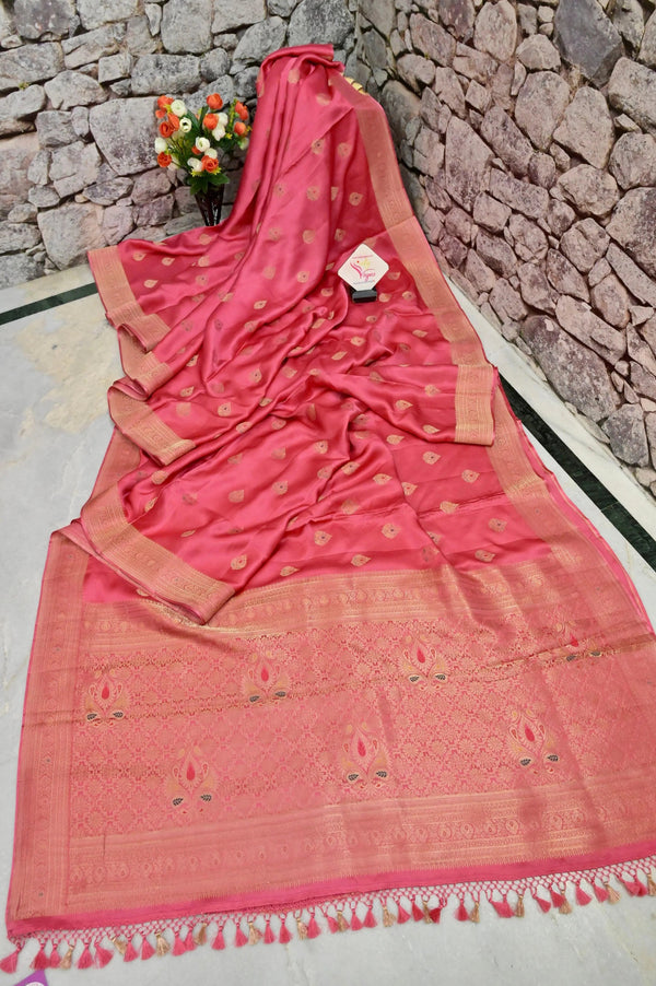 Blush Red Color Mashru Banarasi With Meenakari Work