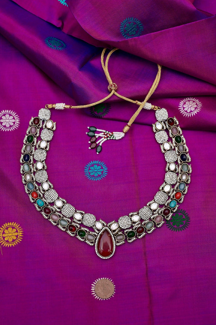 Boho Style Long Necklace Set with Monalisa Stone Work