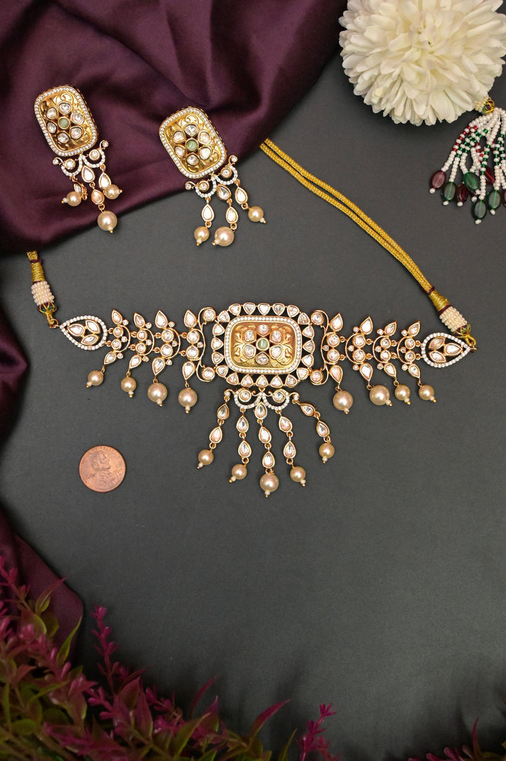 Boho Style Pure Brass Metal Kundan Choker Necklace Set