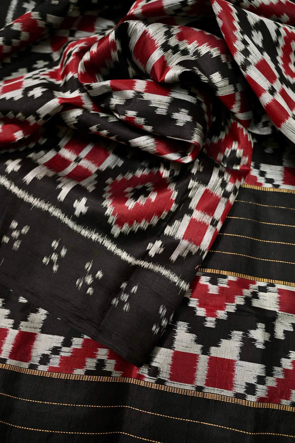 Bold Black Traditional Telia Rumal Sambalpuri Ikat Silk Saree with Grey and Red Weaving