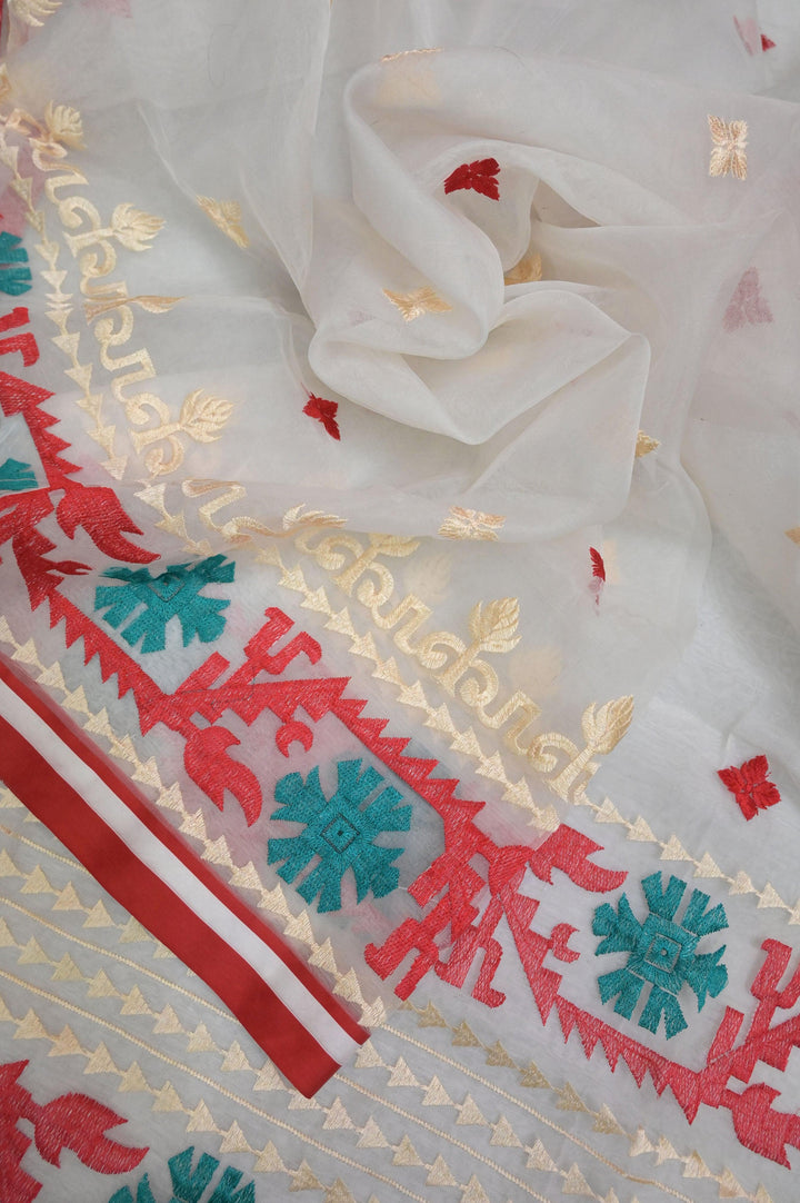 Bone White Color Muslin Jamdani Saree with Embroidery Work