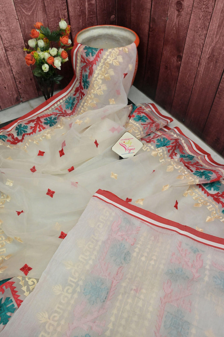 Bone White Color Muslin Jamdani Saree with Embroidery Work
