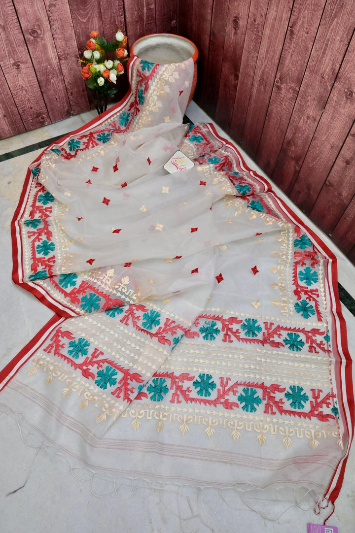 Bone White Color Muslin Jamdani Saree with Embroidery Work