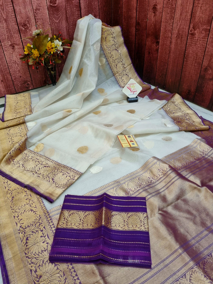 Bone White Color Pure Kora Organza Banarasi Silk Saree with Silver & Golden Zari Buti Work