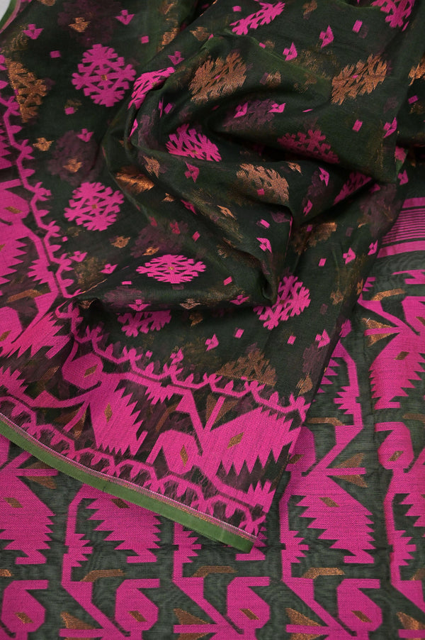 Bottle Green and Magenta Color Jamdani Saree with Allover Weaving Work