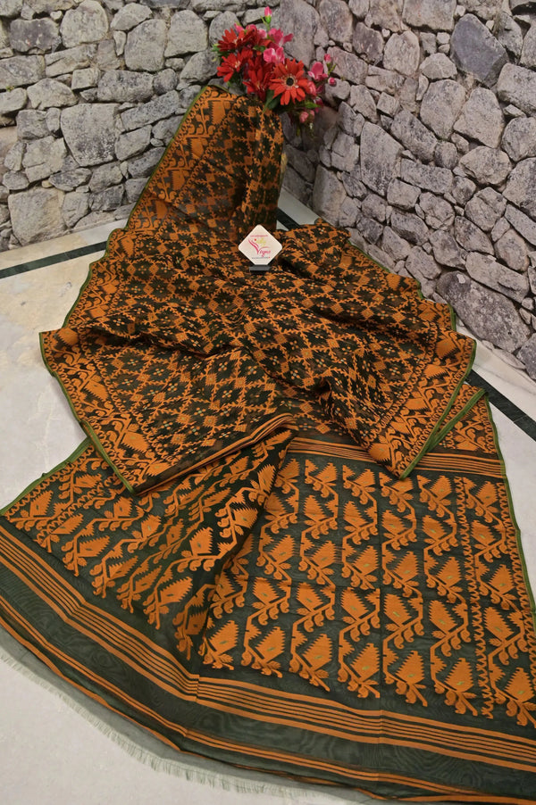 Bottle Green and Yellow Ochre Color Jamdani Saree with Allover Jamdani and Zari Weaving