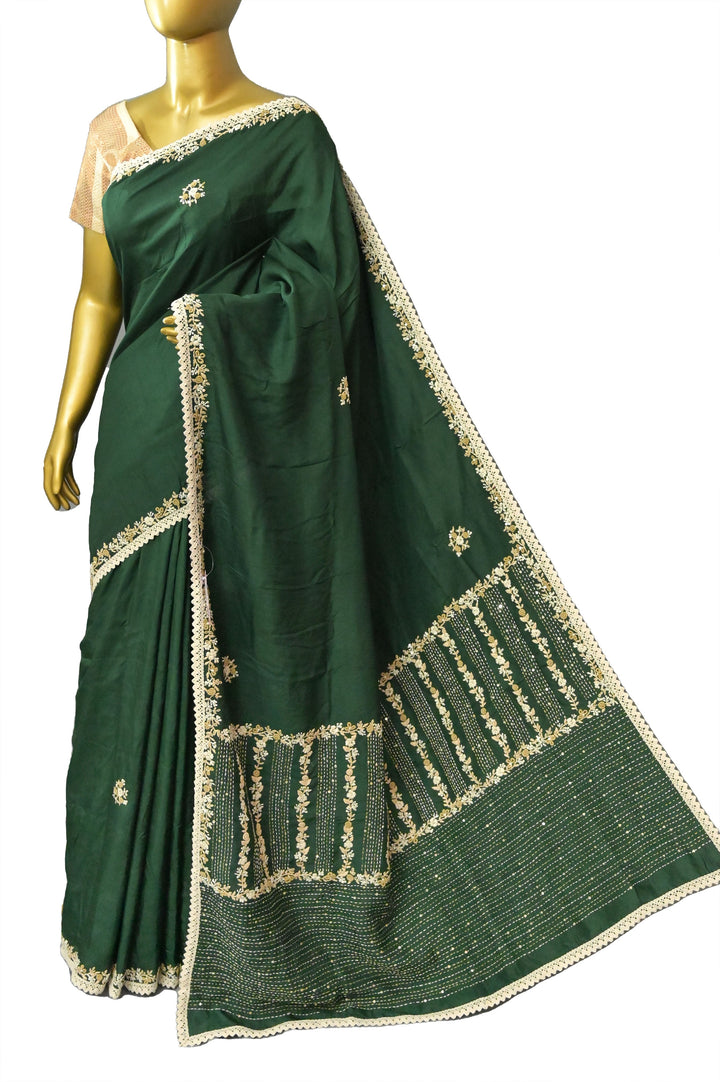 Bottle Green Color Chinon Silk Saree with Sequin and Hand Embroidery