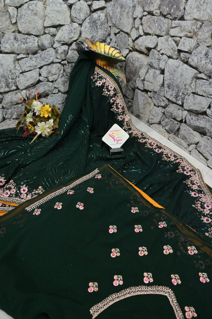 Bottle Green Color Designer Georgette Saree with Sequin Weaving and Embroidery Work