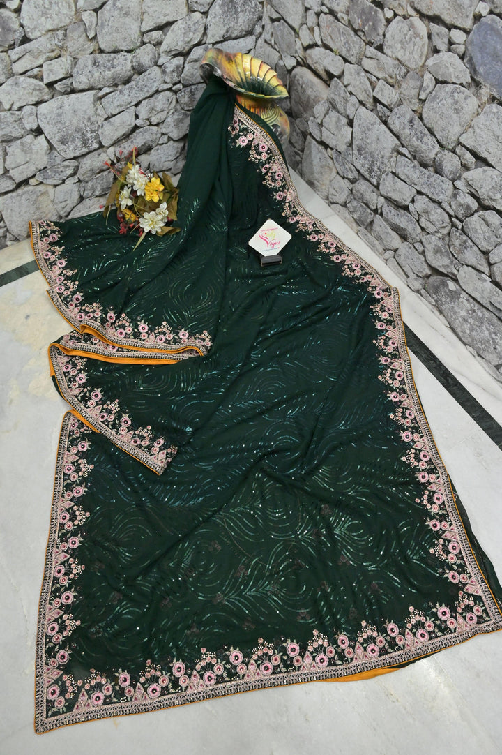 Bottle Green Color Designer Georgette Saree with Sequin Weaving and Embroidery Work