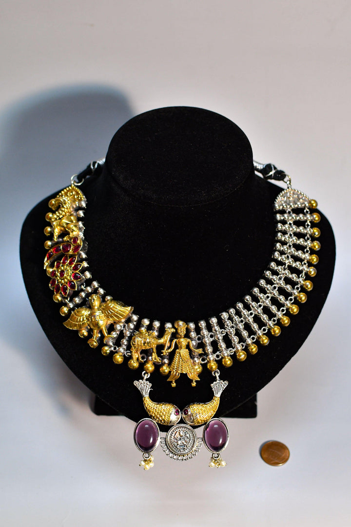 Brass Metal Dual-Tone Collar Necklace Set with Pachi Kundan Work