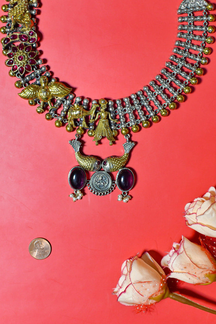 Brass Metal Dual-Tone Collar Necklace Set with Pachi Kundan Work