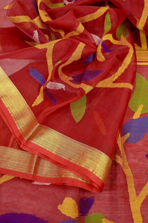 Brick Red Color Muslin Jamdani Saree with Allover Jamdani Weaving