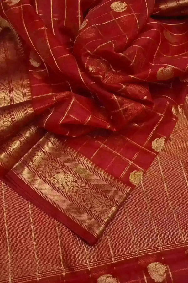 Brick Red Color Pure Chanderi Banarasi Saree with Golden Zari Checks