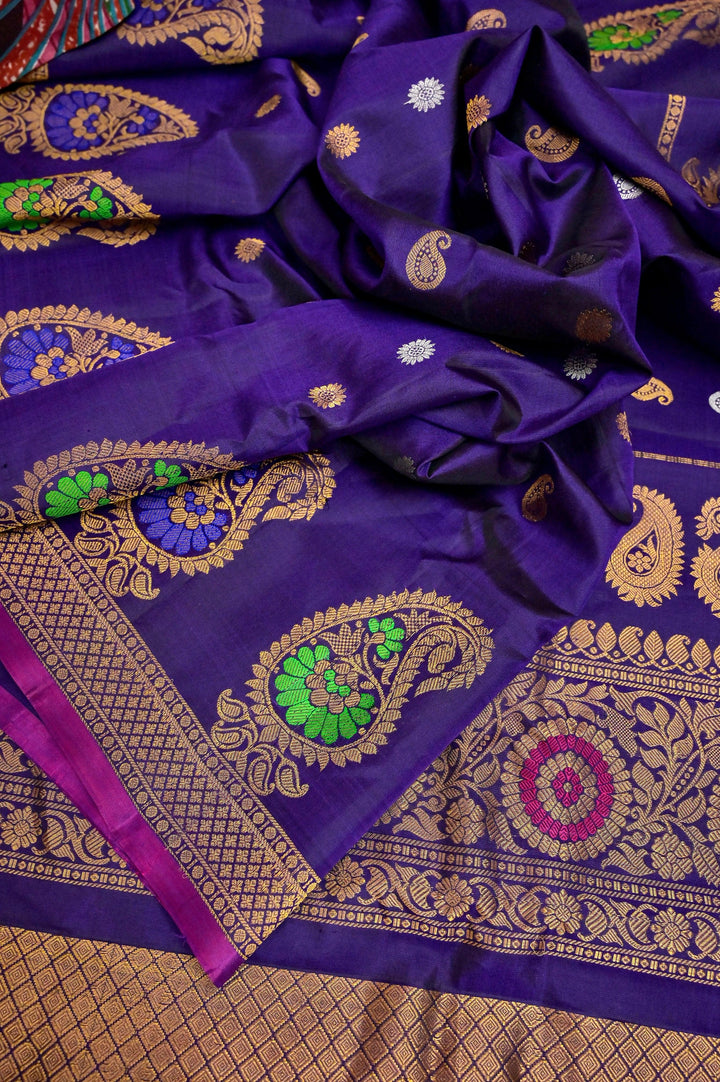 Brinjal Color Pure Gadwal with Golden & Silver Zari Buti and Meenakari Work
