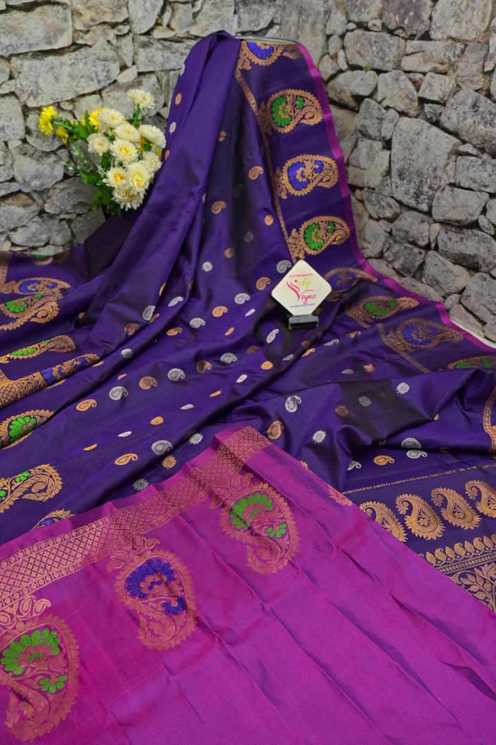 Brinjal Color Pure Gadwal with Golden & Silver Zari Buti and Meenakari Work