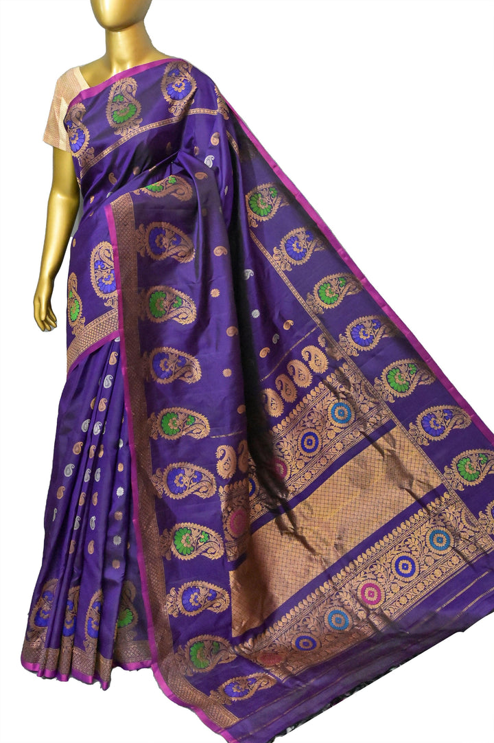 Brinjal Color Pure Gadwal with Golden & Silver Zari Buti and Meenakari Work