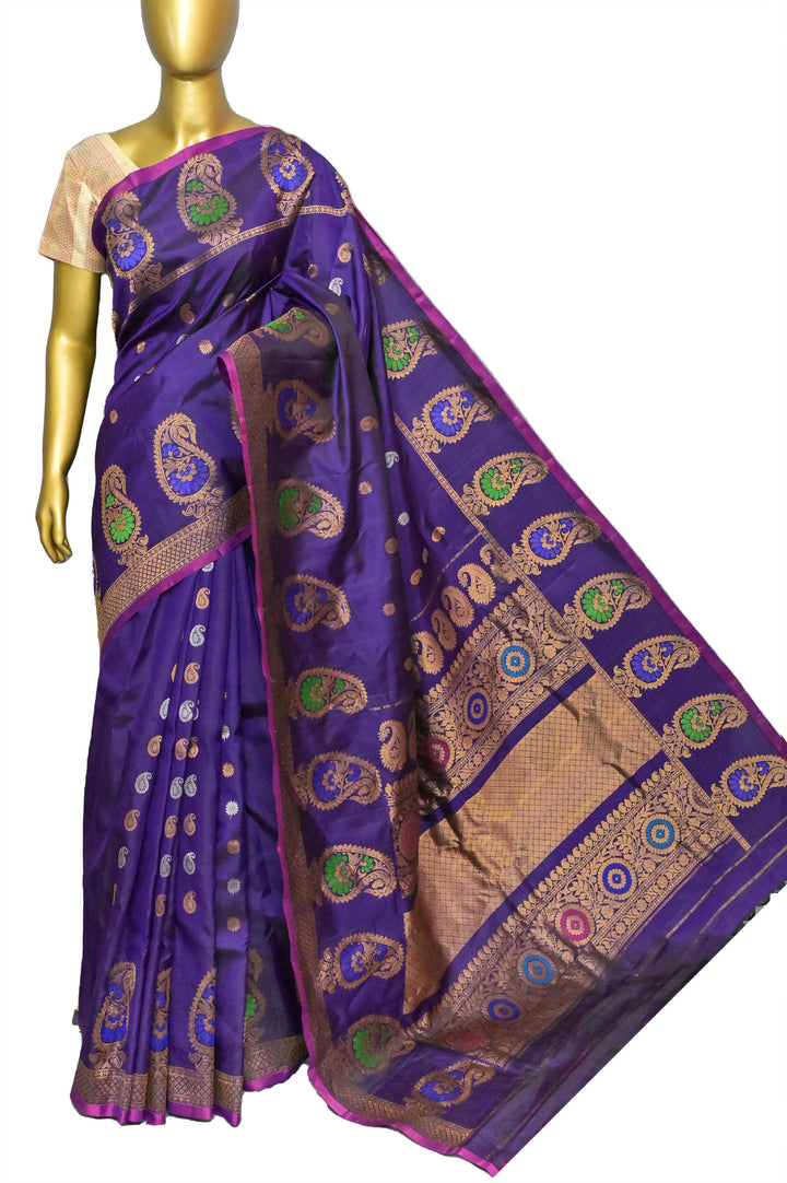 Brinjal Color Pure Gadwal with Golden & Silver Zari Buti and Meenakari Work