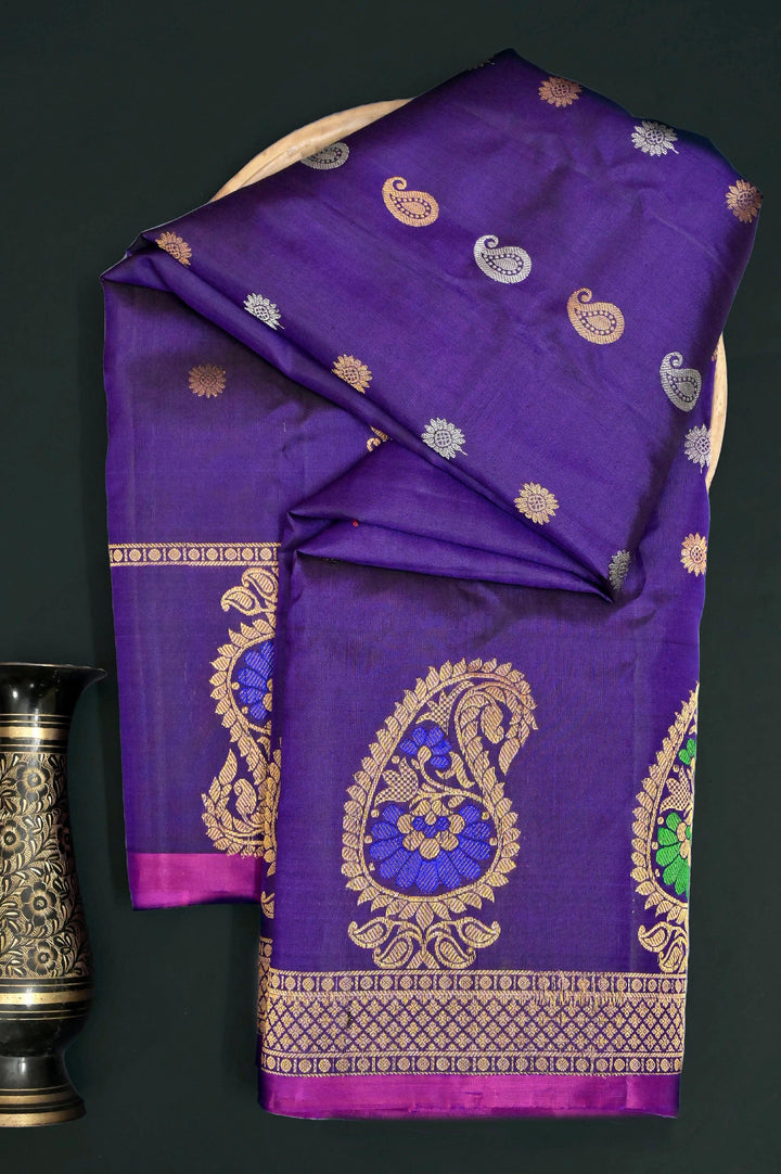 Brinjal Color Pure Gadwal with Golden & Silver Zari Buti and Meenakari Work