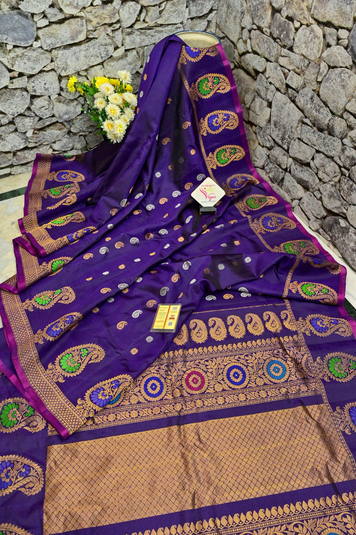 Brinjal Color Pure Gadwal with Golden & Silver Zari Buti and Meenakari Work