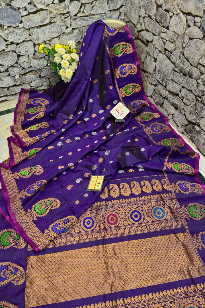 Brinjal Color Pure Gadwal with Golden & Silver Zari Buti and Meenakari Work