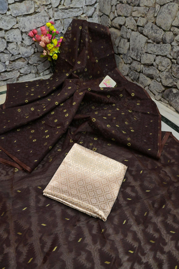 Brown Color Pure Jamdani Saree with Brocade Blouse Piece