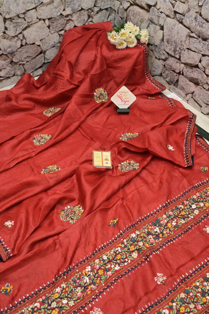 Burnt Red Color Pure Tussar Silk Saree with Hand Bullion ,French Knot ,Parsi and Sequins Work