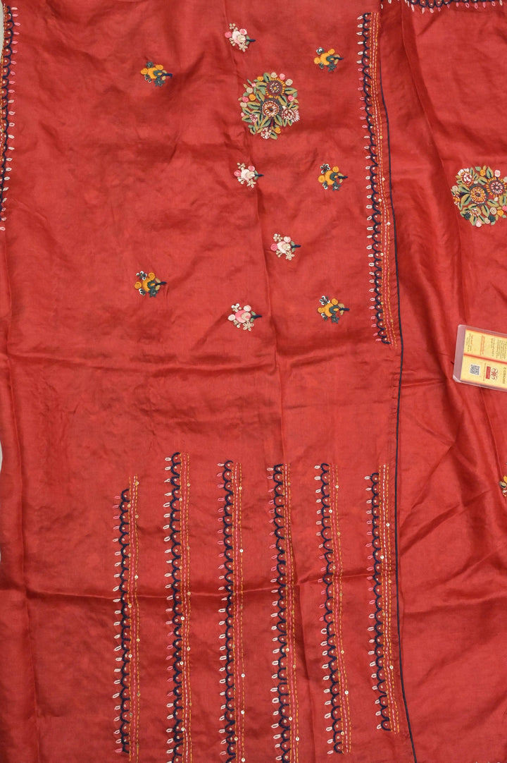 Burnt Red Color Pure Tussar Silk Saree with Hand Bullion ,French Knot ,Parsi and Sequins Work