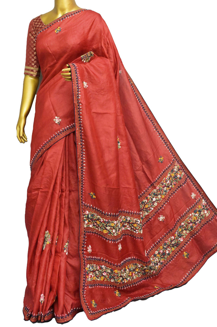 Burnt Red Color Pure Tussar Silk Saree with Hand Bullion ,French Knot ,Parsi and Sequins Work