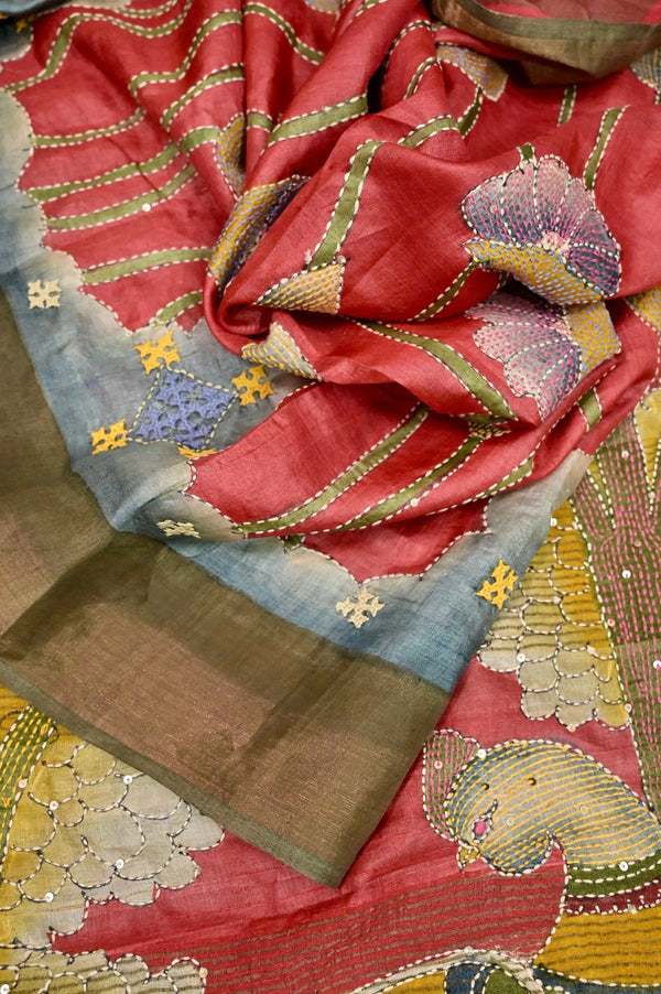 Burnt Red Color Pure Tussar Silk Saree with Zari Border and Hand Paint with Kantha Embroidery