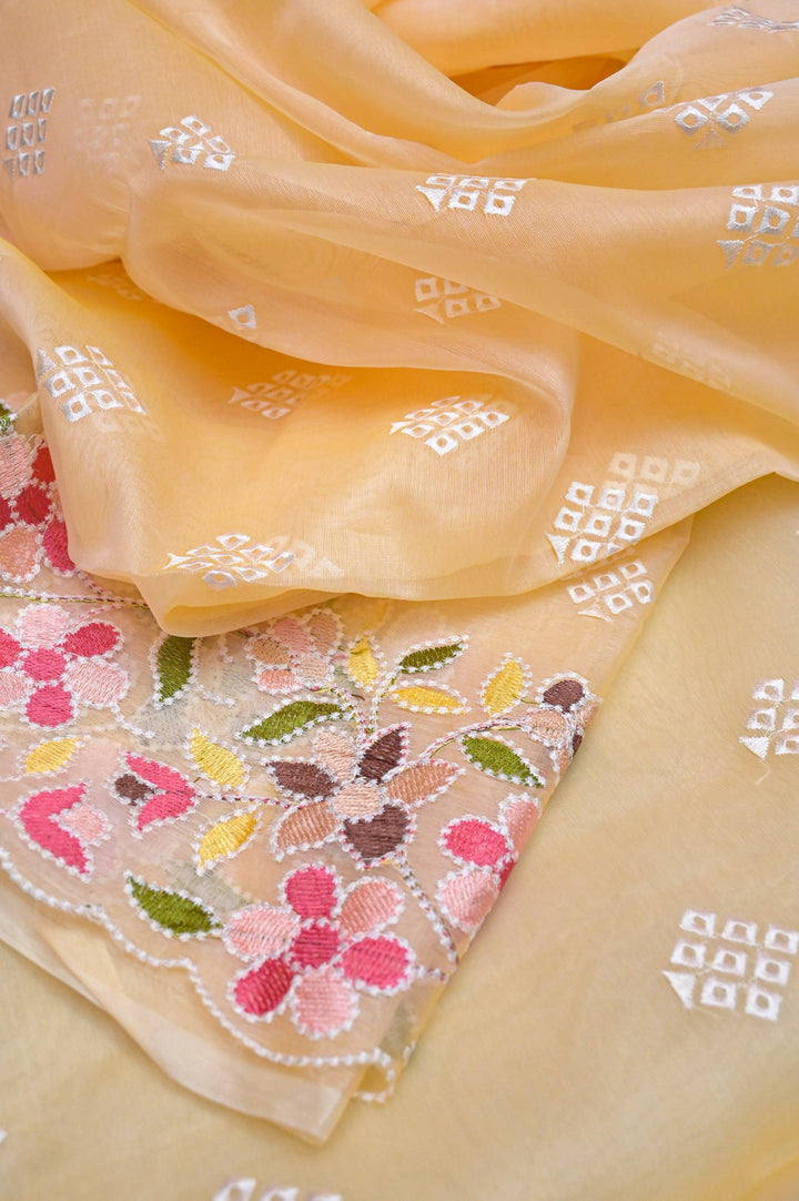 Butter Color Designer Kora Organza with Machine Embroidery Work