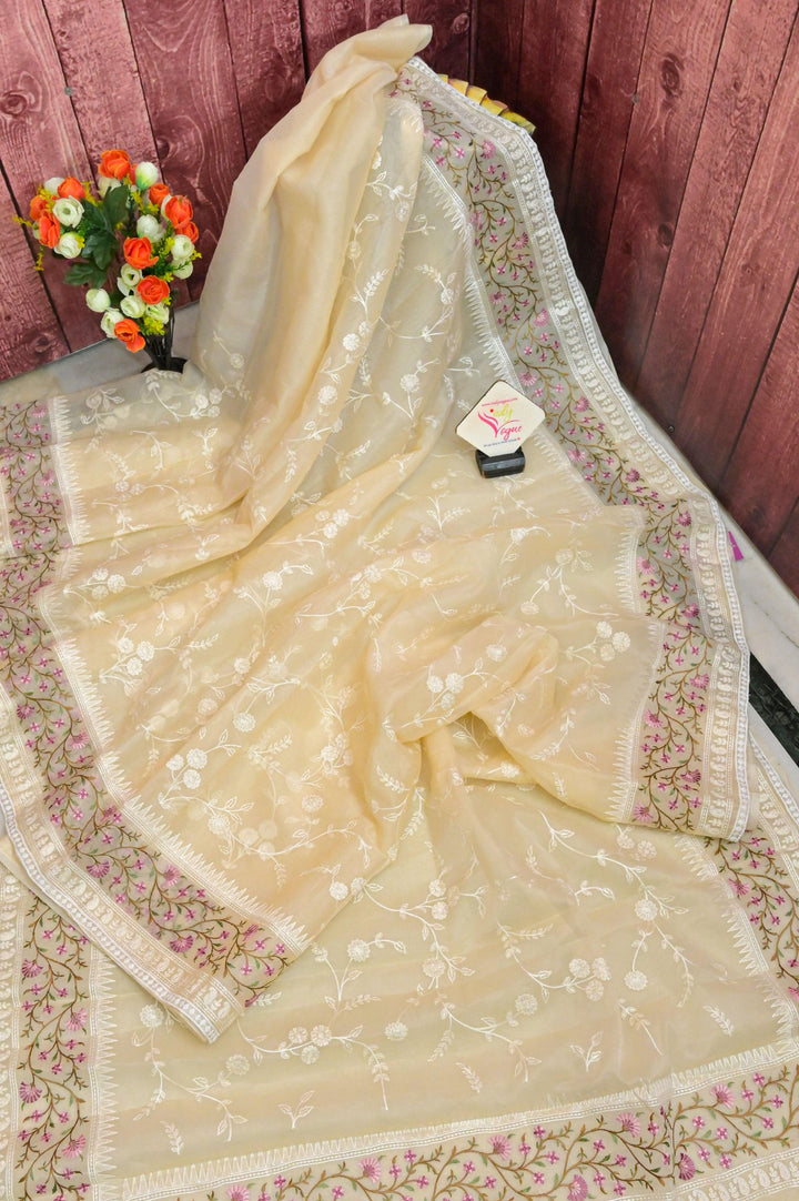 Butter Color Organza with Embroidery Work