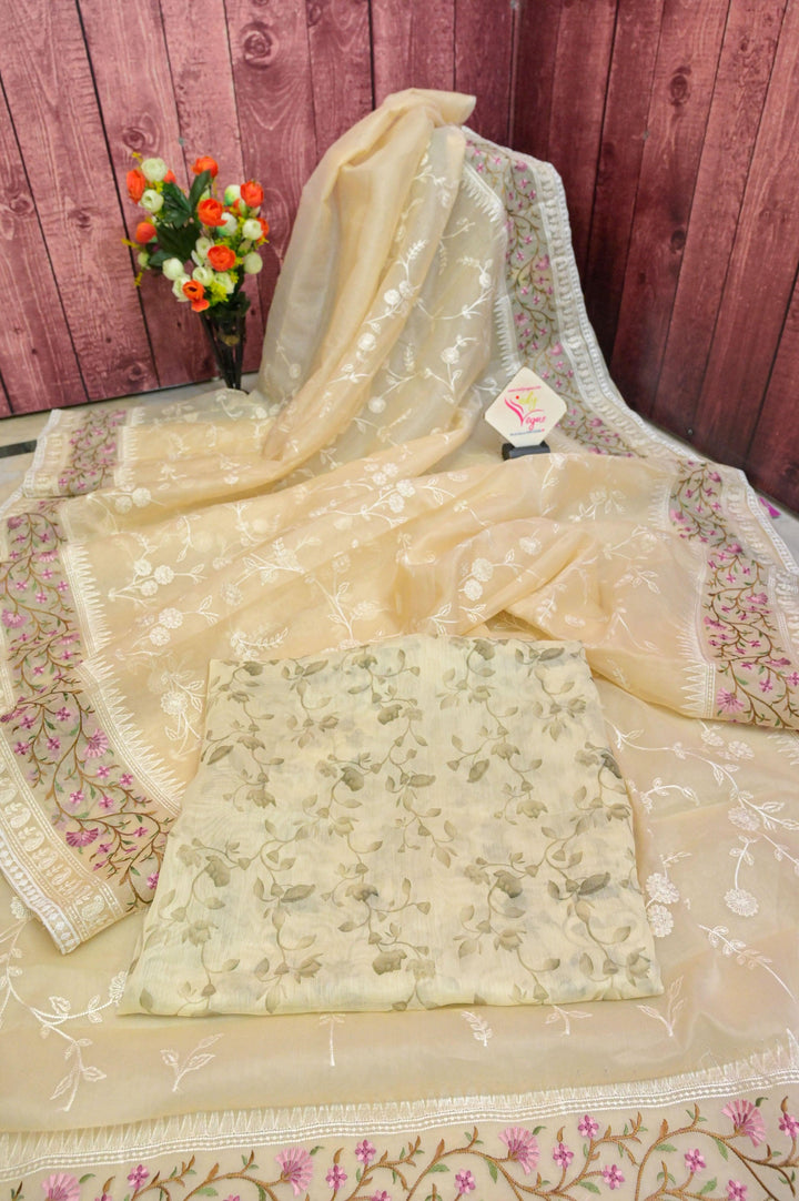Butter Color Organza with Embroidery Work