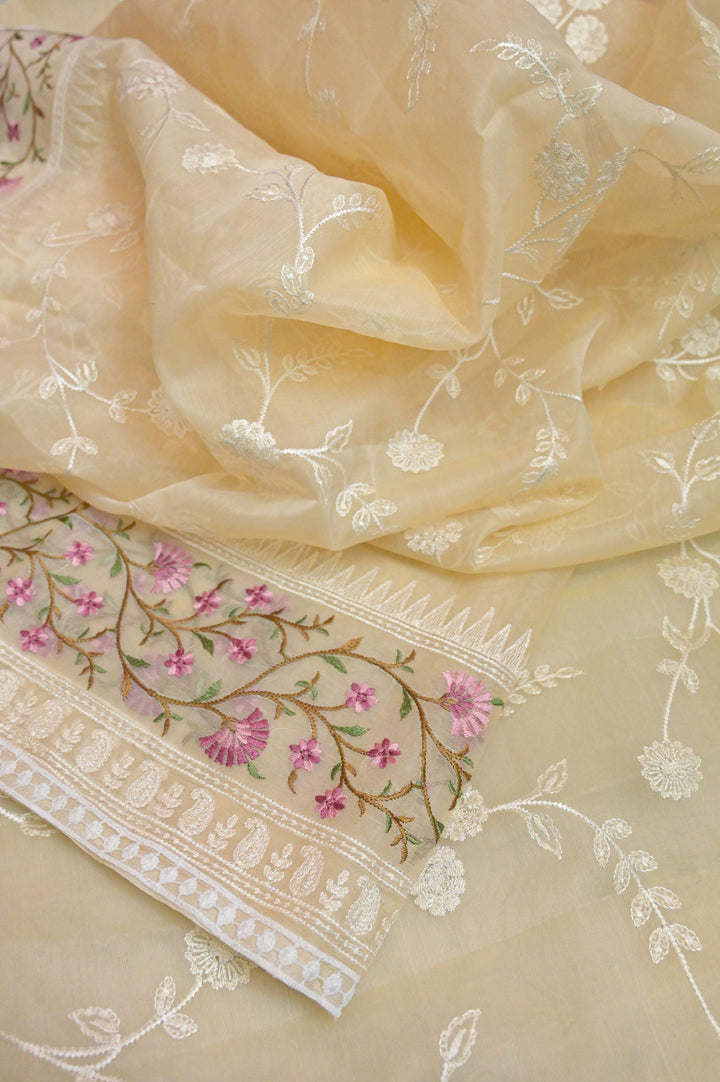 Butter Color Organza with Embroidery Work